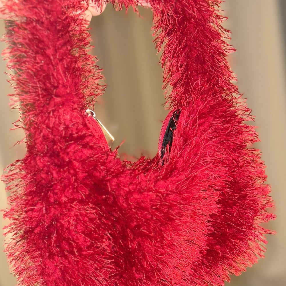 Unique Red Fluffy Shaggy Hobo Mini Handbag w one zipper pocket / Y2K